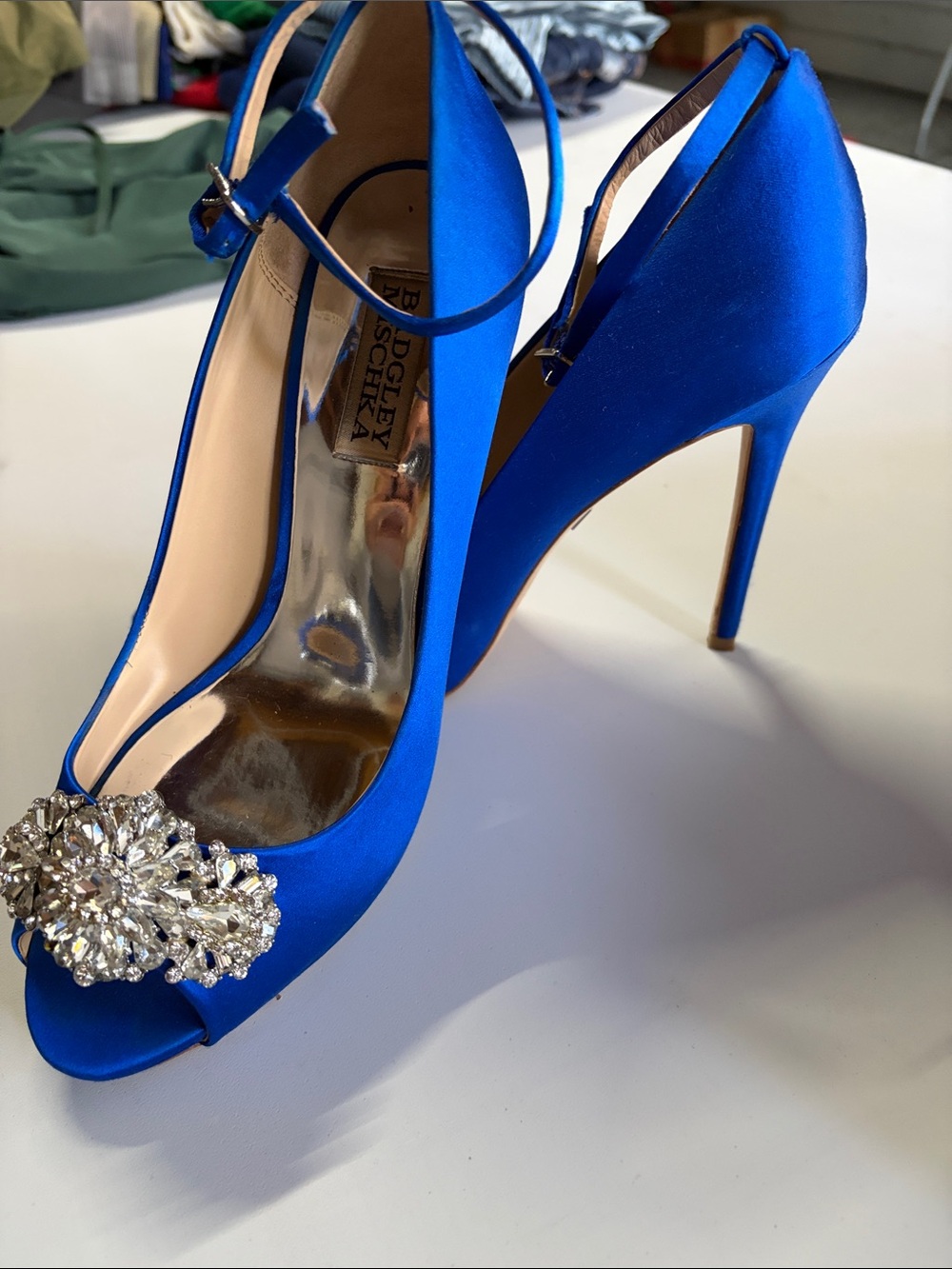 Badgley Mischka Royal Blue Satin Peep-Toe Heels with Crystal Brooch